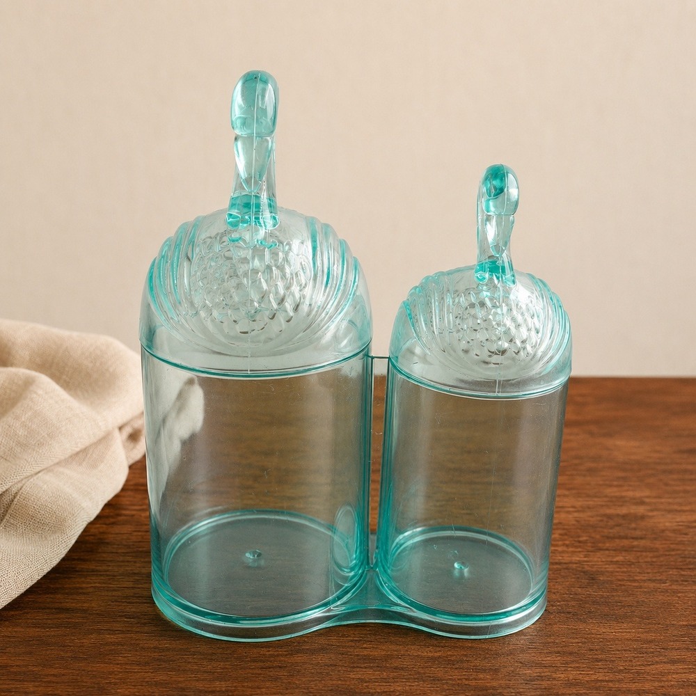 Vintage Aqua Plastic Double Vanity Canister Figural Swan Lids Retro Organizer